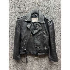 Tecone New York Studded Leather Belted Biker Moto Jacket Black Womens Size 38